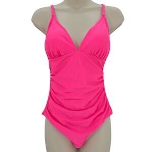 Cupshe Womans size M Plunge V-Neck Ruched Low Back One Piece Swimsuit Pink NEW
